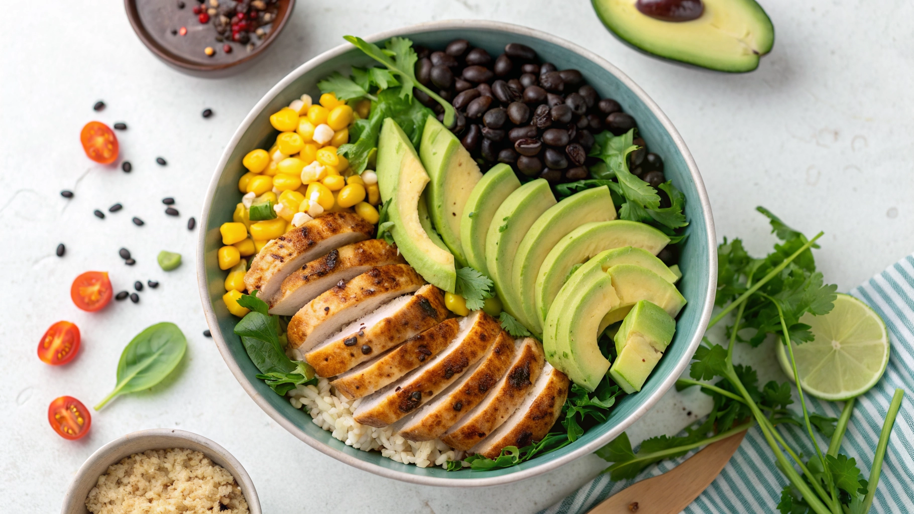 A loaded bowl with grilled chicken, fresh vegetables, and rice.
